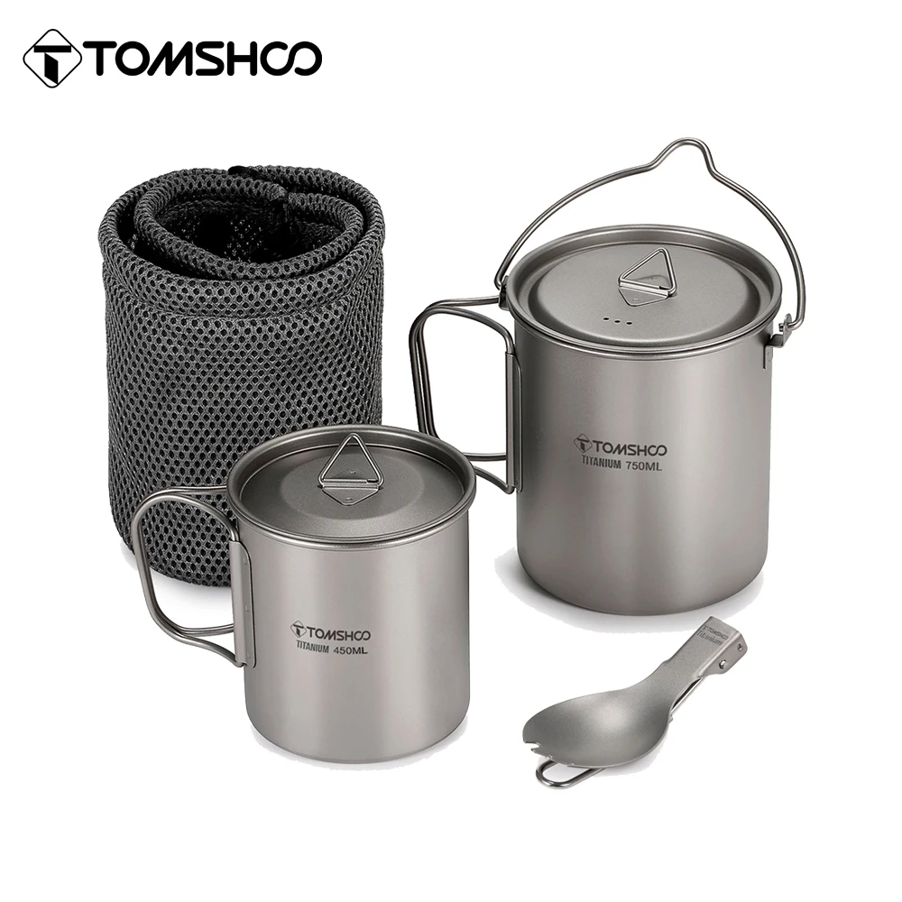 סט כלי בישול טיטניום Tomshoo 3 יחידות, סיר קל משקל בנפח 750 מיליליטר, כוס מים בנפח 450 מיליליטר עם מכסה, ספורק מתקפל לטיולים בחוץ ולטיולי גב