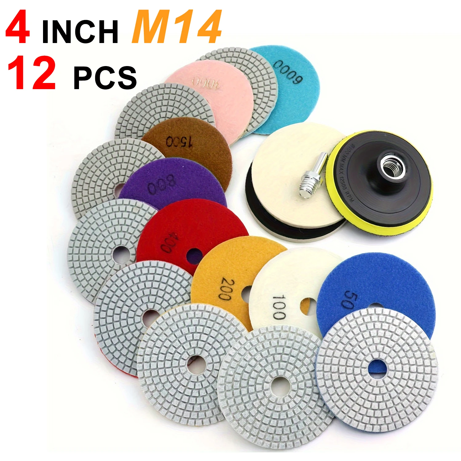 12Pcs 4 Inch 100mm Diamond Polishing Pads with 5/8" 11 Backer Pad Wet/Dry Granite Stone for Concrete Marble Stone