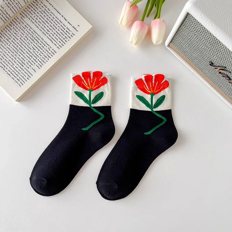 Women Socks Korean Japanese Style Cartoon Green Flower Harajuku Cute Kawaii Mid Tube Socks Breathable Casual Short Cotton Socks