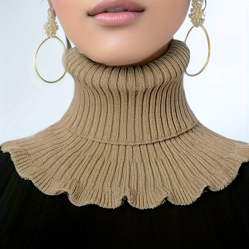 Fashionable Black and White Knitted False Neck Scarf - Soft, Thick, and Warm, with Elegant Ruffle Edge Design for Women