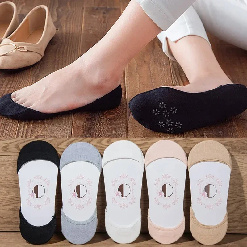 Women Cotton Sock Slippers 1/5Pairs Summer Breathable Non-slip Boat Socks Invisible Ladies Low Cut Ankle Silicone Thin Hosiery