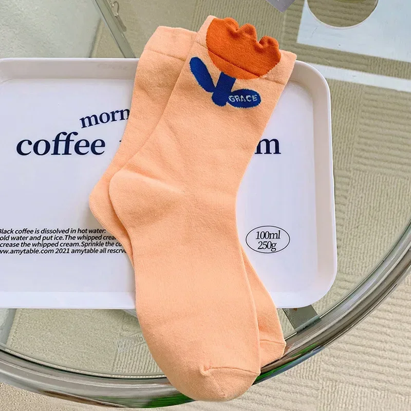 Women Socks Korean Japanese Style Cartoon Green Flower Harajuku Cute Kawaii Mid Tube Socks Breathable Casual Short Cotton Socks