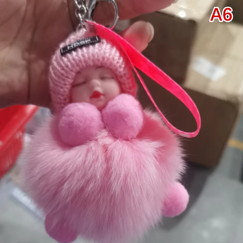 Pompom Sleeping Baby Keychain Cute Fluffy Plush Doll Keyholder Women Girl Bags Keyrings Cars Key Ring Gift Charming Decoration