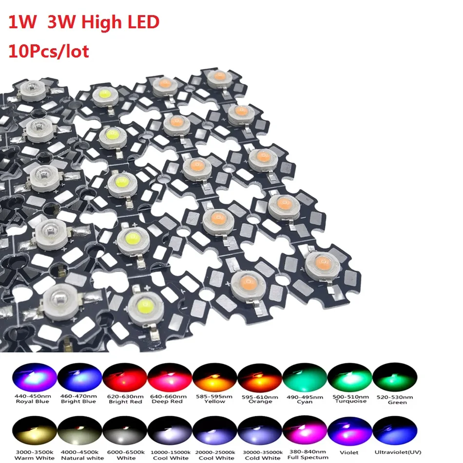 10 Pieces 1W 3W High LED Power UV Warm White/Cool White/Natural White/Red/Green/Blue/Royal Blue IR LED with 20mm Star PCB