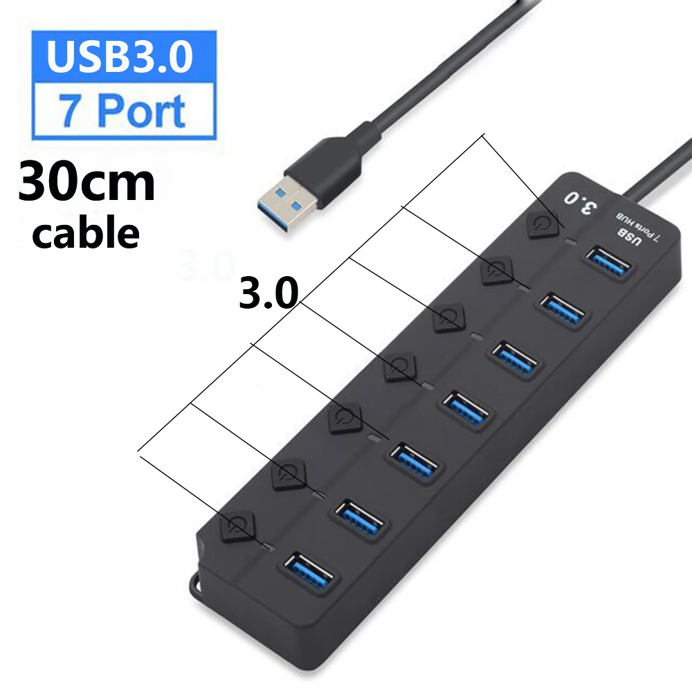 USB Hub 3.0 Multiprise USB High Speed Splitter 7-poorts 5Gbps Hub-voedingsadapter met schakelaar Lange kabel met meerdere expanderhubs