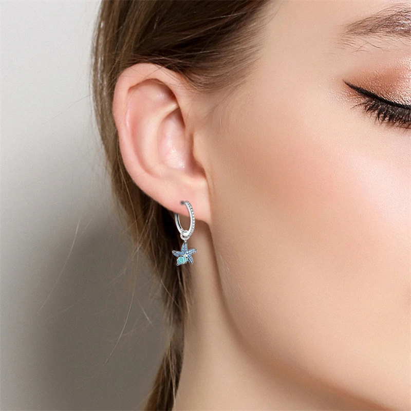 Luminous Shell Women Earrings Original 925 Sterling Silver Pave CZ Star Moon Hoop Earrings Engagement Wedding Jewelry