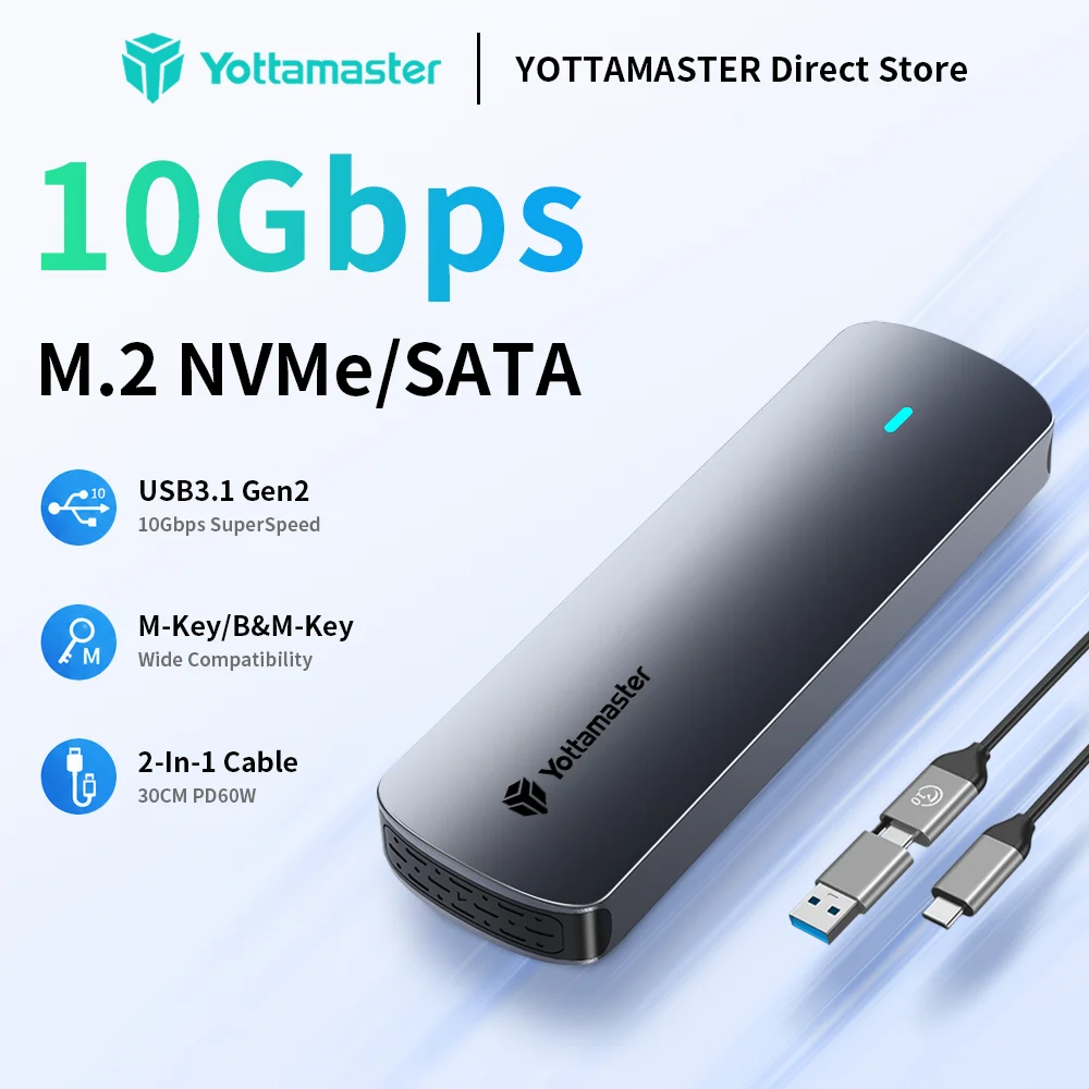 Yottamaster SATA M.2 NVMe SSD Enclosure Dual Portocol NVMe to USB Adapter USB 3.1 Gen2 USB C External Case Box Aluminum Alloy