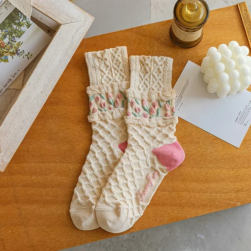 Women Socks Korean Japanese Style Cartoon Green Flower Harajuku Cute Kawaii Mid Tube Socks Breathable Casual Short Cotton Socks