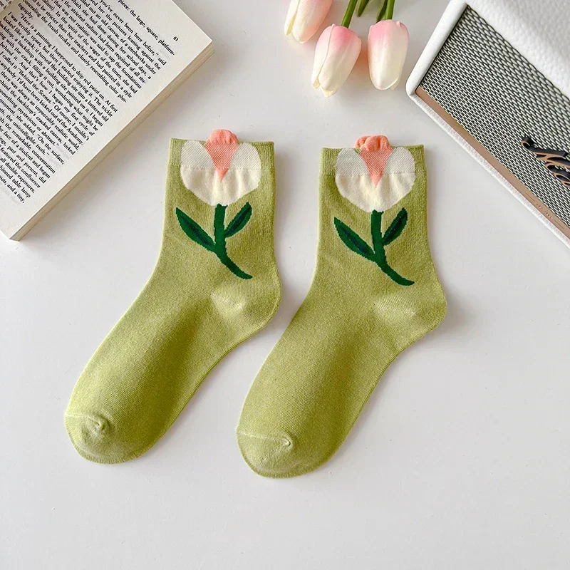 Women Socks Korean Japanese Style Cartoon Green Flower Harajuku Cute Kawaii Mid Tube Socks Breathable Casual Short Cotton Socks