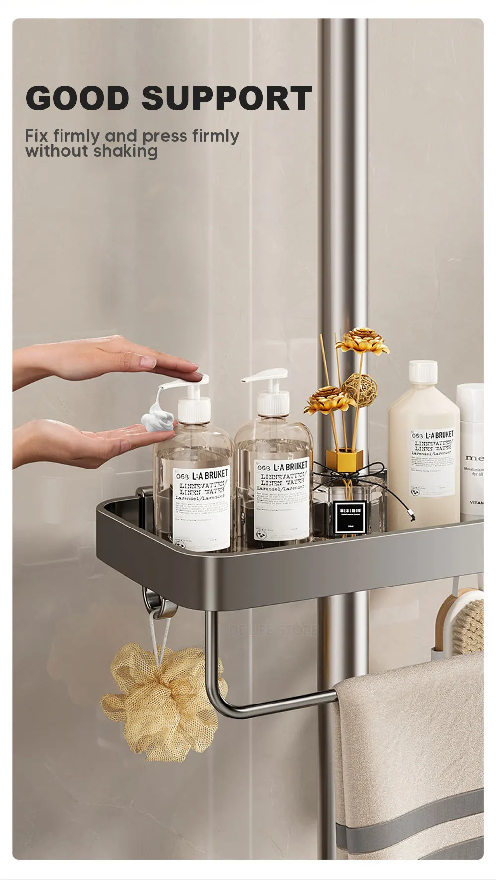 1/2PCS Punch-Free Shower Caddy With Towel Rod Bathroom Shelf Shampoo Soap Holder Shower Tray For Toilet Bathroom Organizer