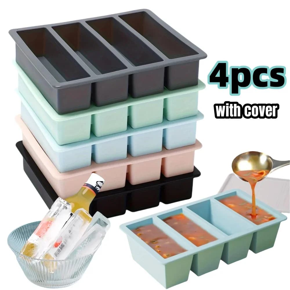 1/4pcs Large Rectangular Ice Cube Mold Set with Lid Stackable Freezer Trays for Bottles Beverages Long Cubes Mould Kitchen Items