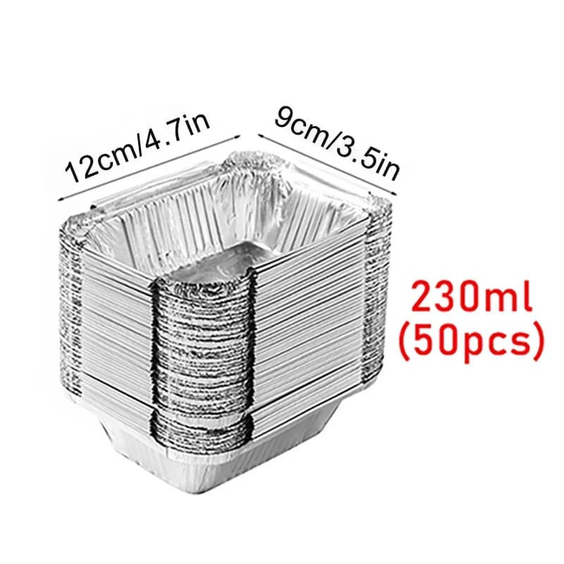 50pcs disposable aluminium foil, various sizes, tin pans are perfect for cooking, heating, storing and preparing food.