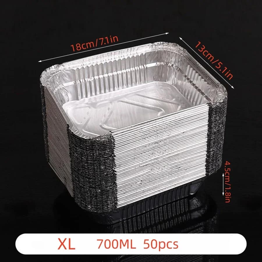 50pcs disposable aluminium foil, various sizes, tin pans are perfect for cooking, heating, storing and preparing food.