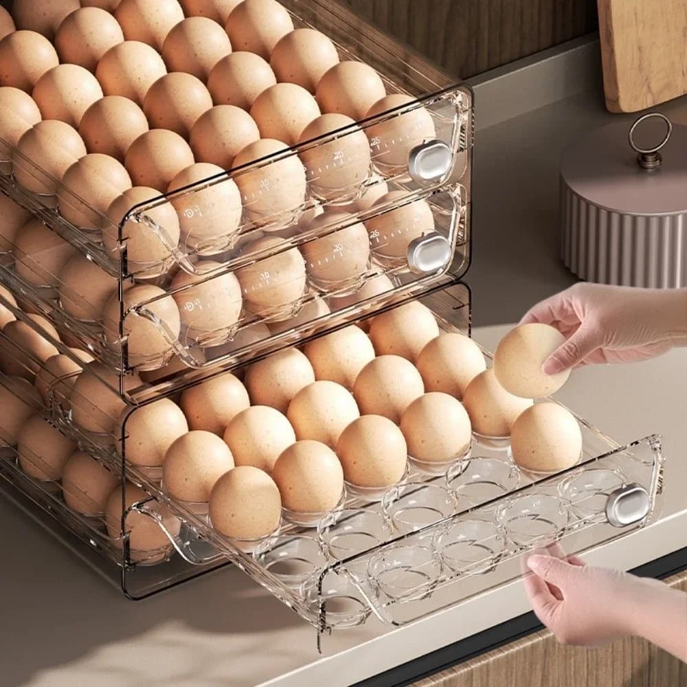 Transparent Egg Storage Box Double Layer Clear Plastic Egg Holder Time Scale Large Capacity Egg Storage Rack Drawer Organizer