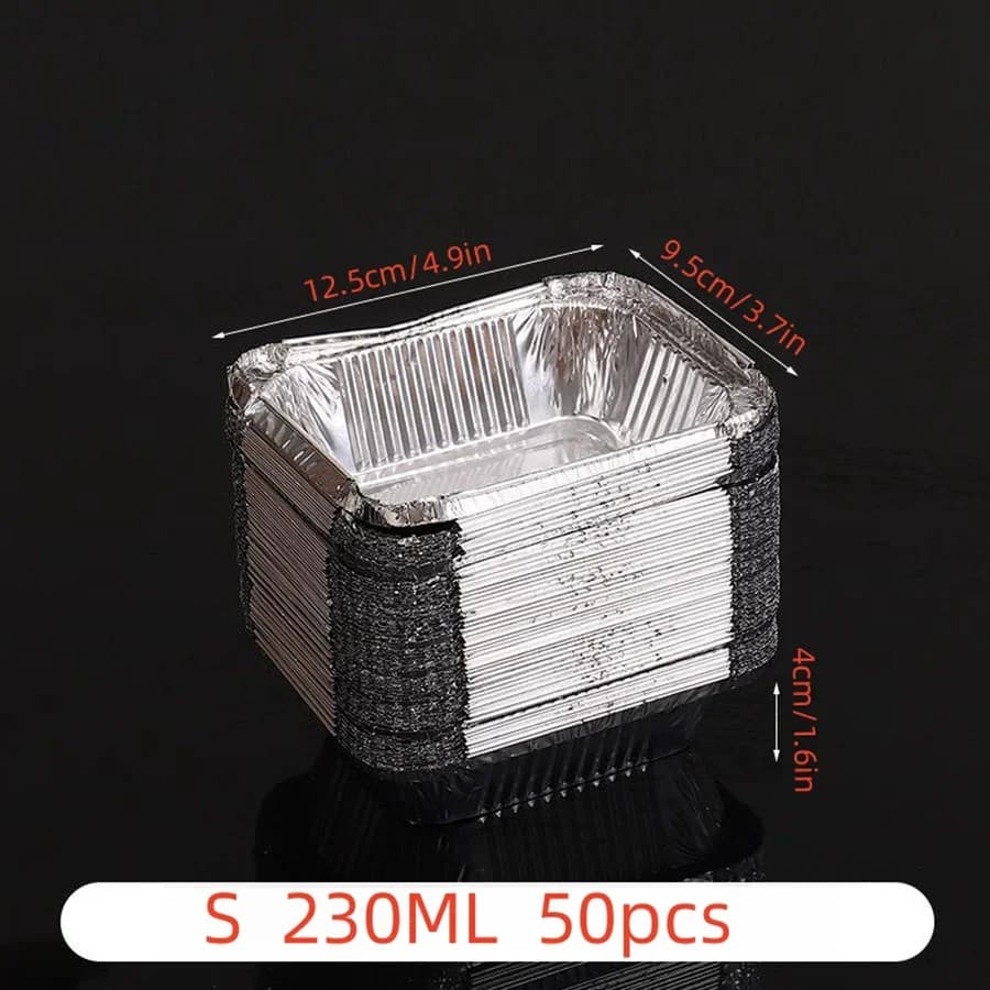 50pcs disposable aluminium foil, various sizes, tin pans are perfect for cooking, heating, storing and preparing food.