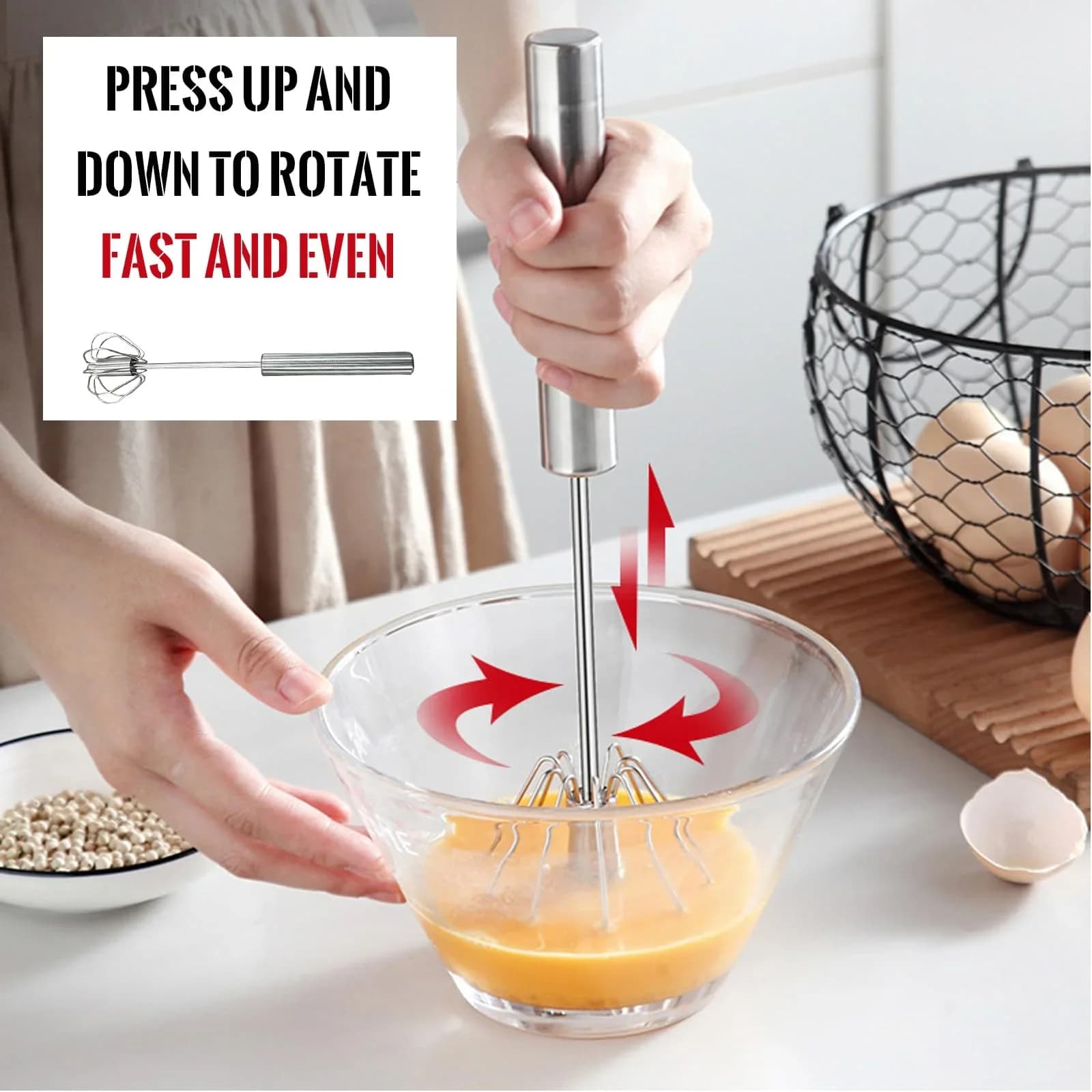 Stainless Steel Egg Beater Durable Semi-Automatic Mixer for Effortless Egg Cream Mixing Stirring and Beating for Kitchen Baking