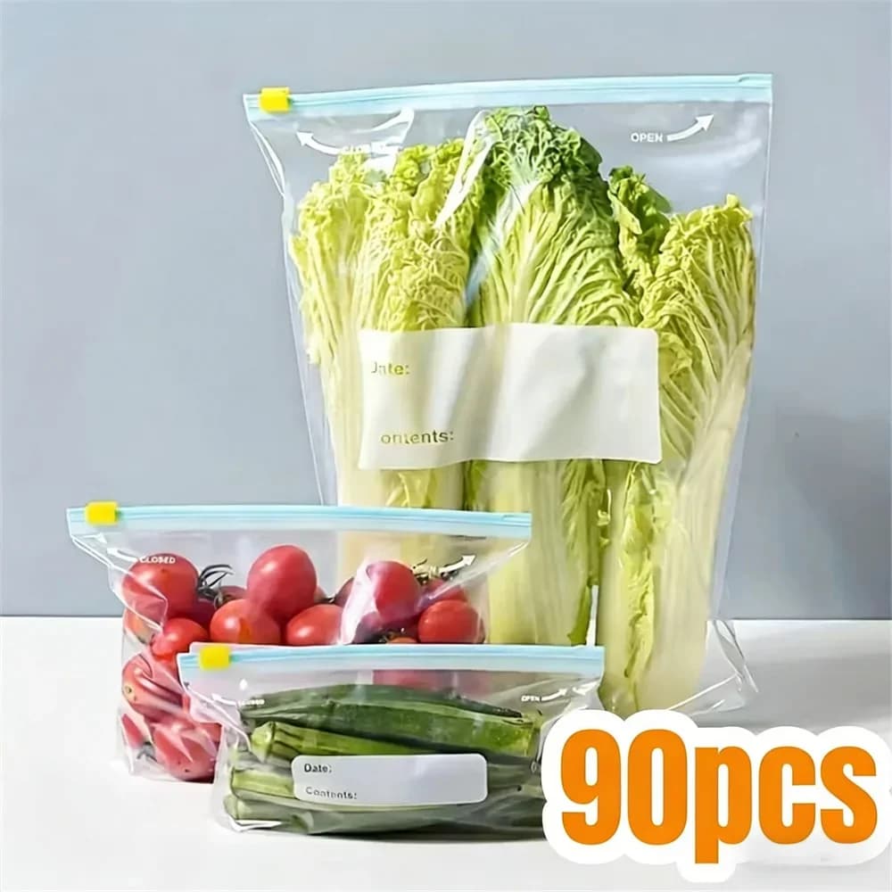 10-90pcs Fresh-keeping Storage Bags Zipper Sealed Food Bags for Fruits Grains Vegetables Meat Leakproof Freezer Storage Access